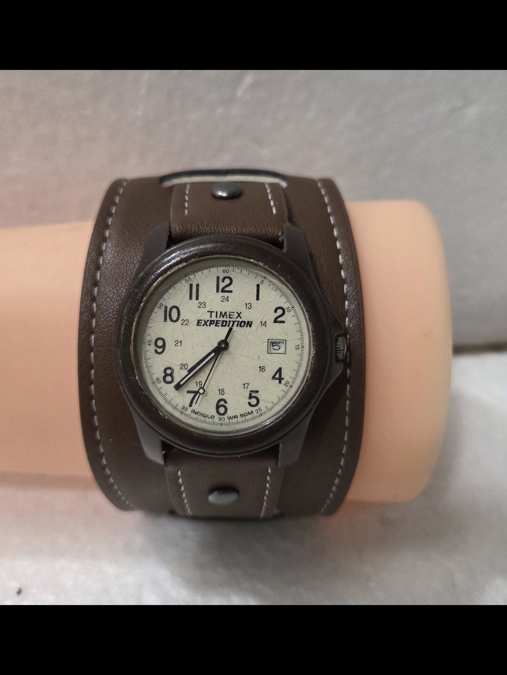 Timex Expedition Brown Leather Wide Cuff Watch with Cream Dial Inglo Hands